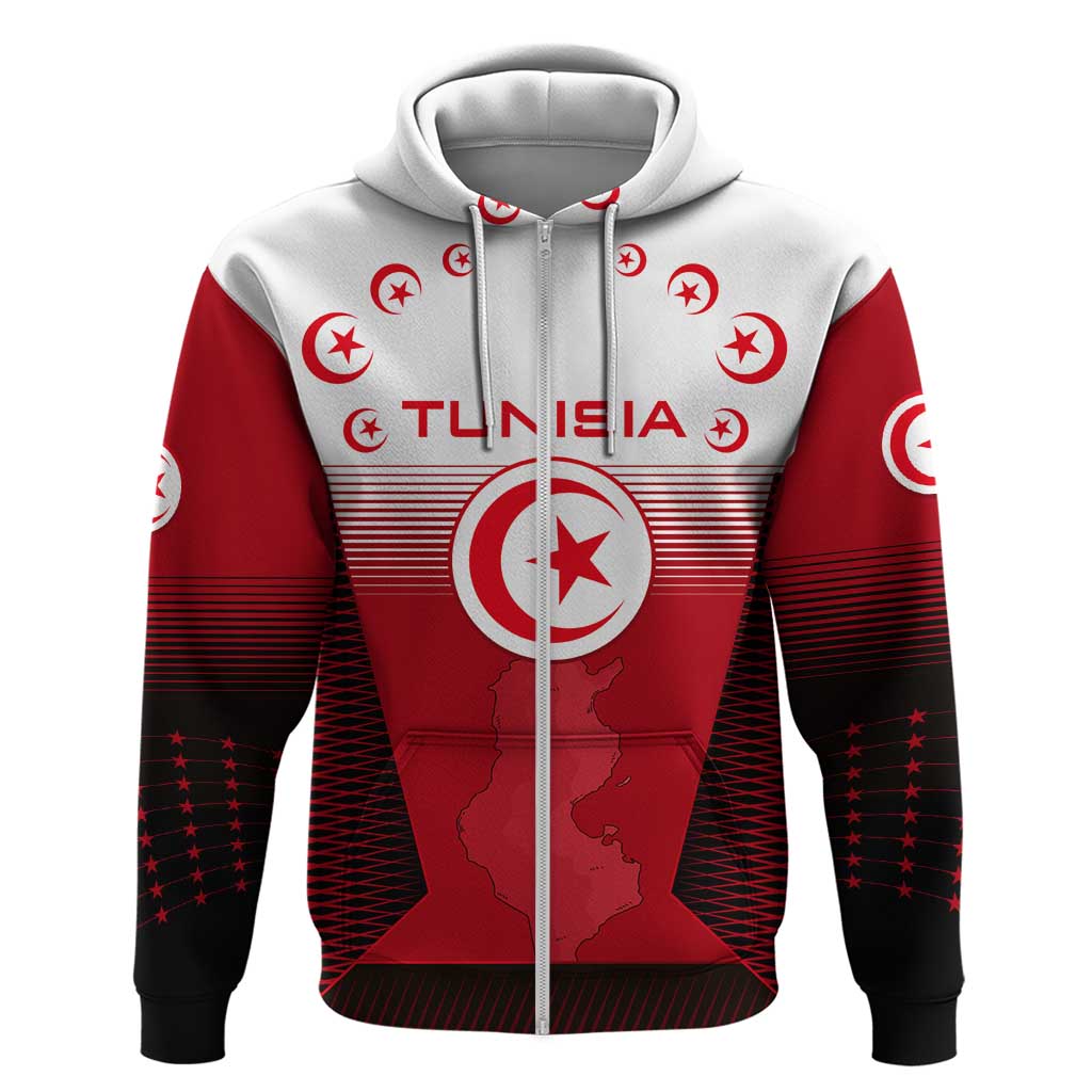 Tunisia Patriotic Zip Hoodie with National Crest, Crescent Star and Country Map
