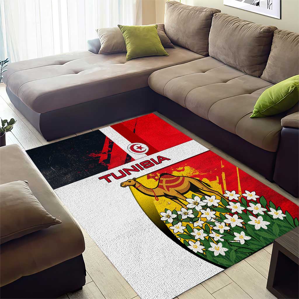 Tunisia Area Rug with Camel, Jasmine Flowers, and National Flag Design