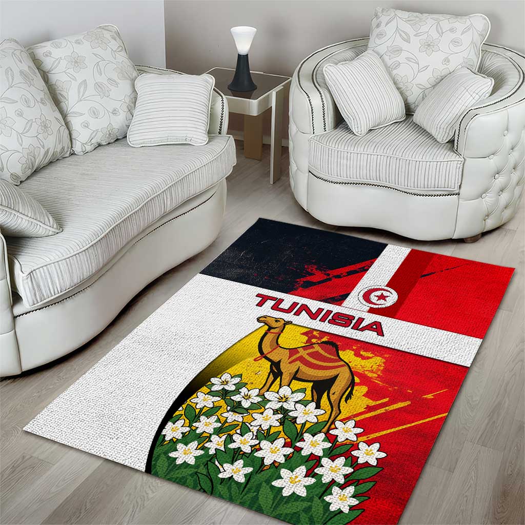 Tunisia Area Rug with Camel, Jasmine Flowers, and National Flag Design