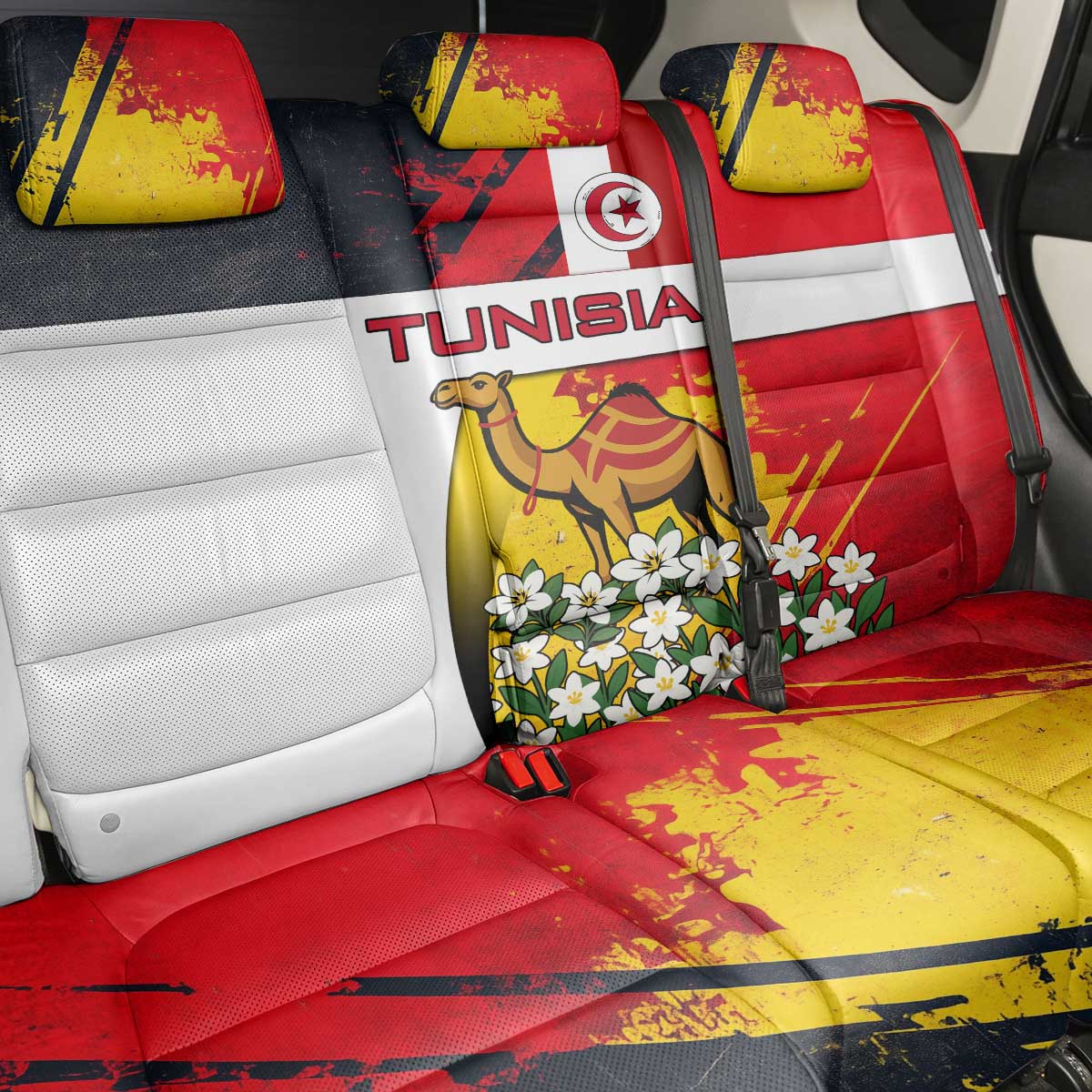 Tunisia Back Car Seat Cover with Camel, Jasmine Flowers, and National Flag Design
