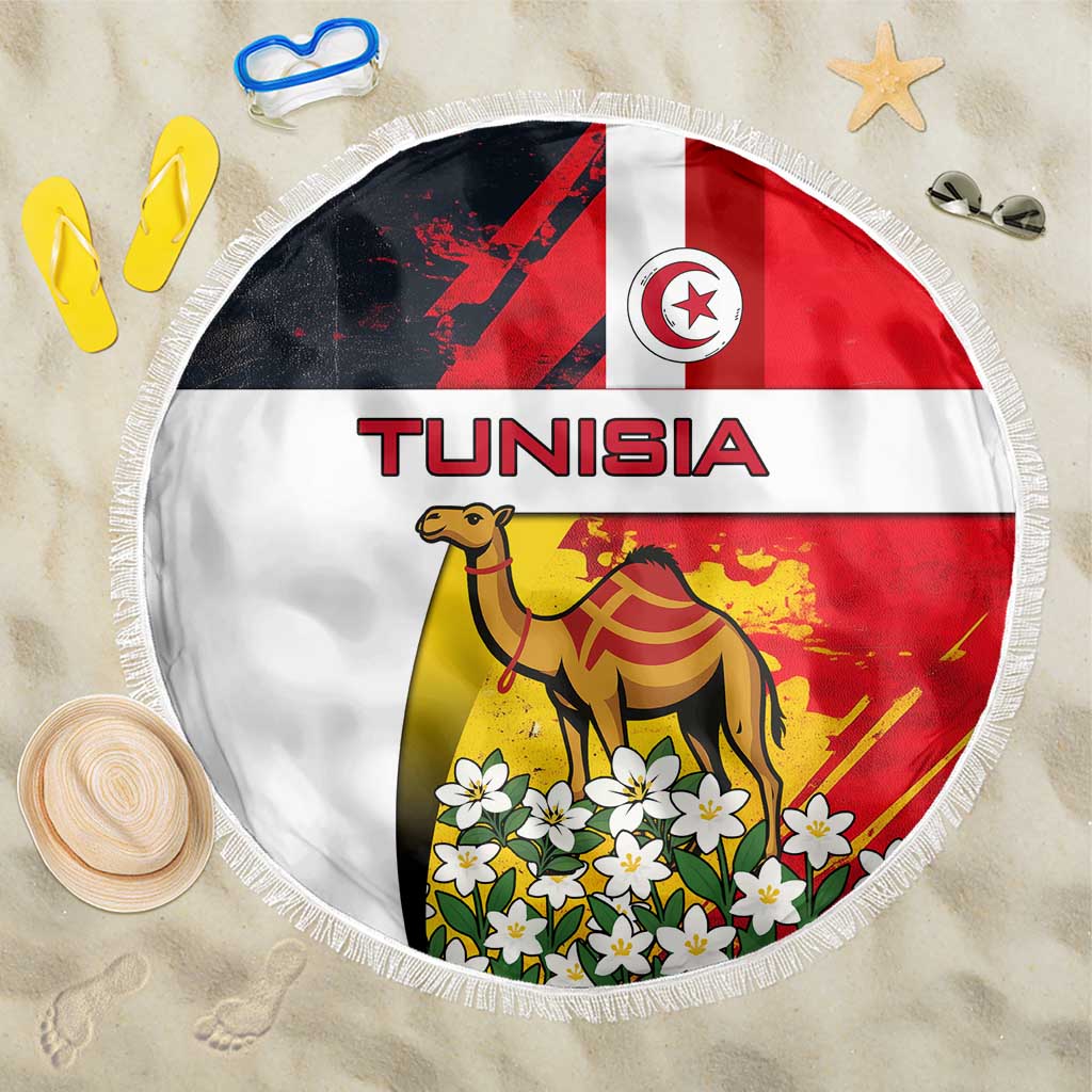 Tunisia Beach Blanket with Camel, Jasmine Flowers, and National Flag Design