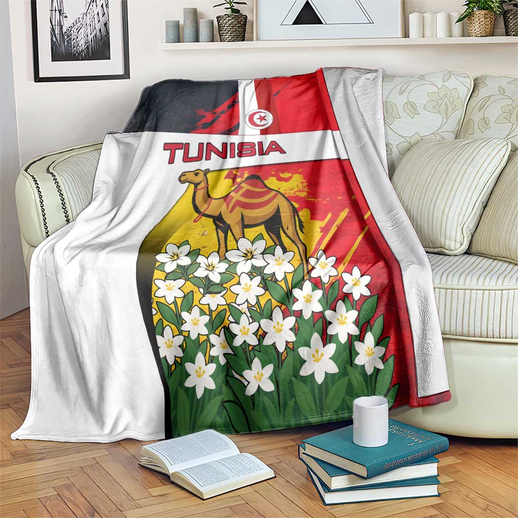 Tunisia Blanket with Camel, Jasmine Flowers, and National Flag Design