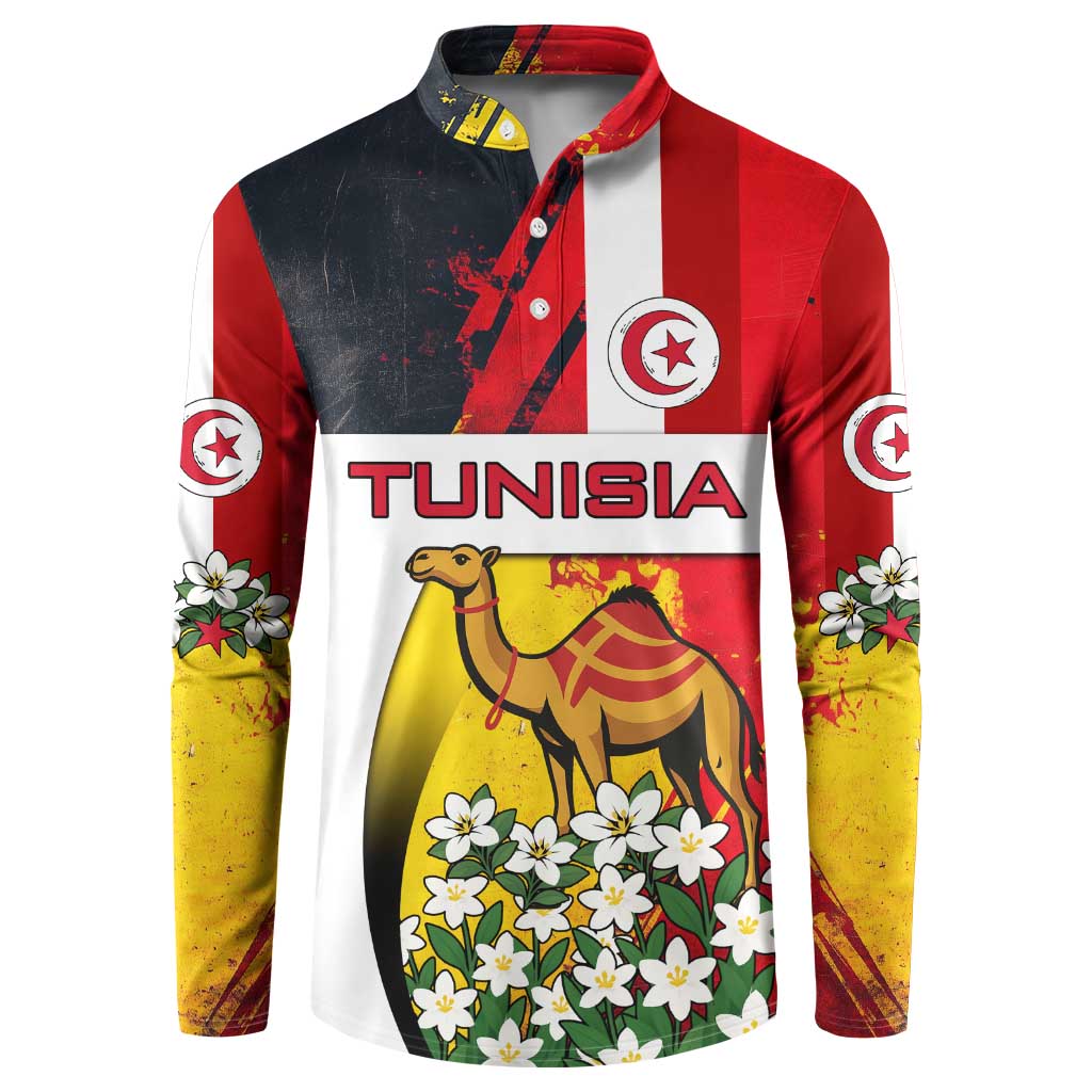 Tunisia Button Sweatshirt with Camel, Jasmine Flowers, and National Flag Design