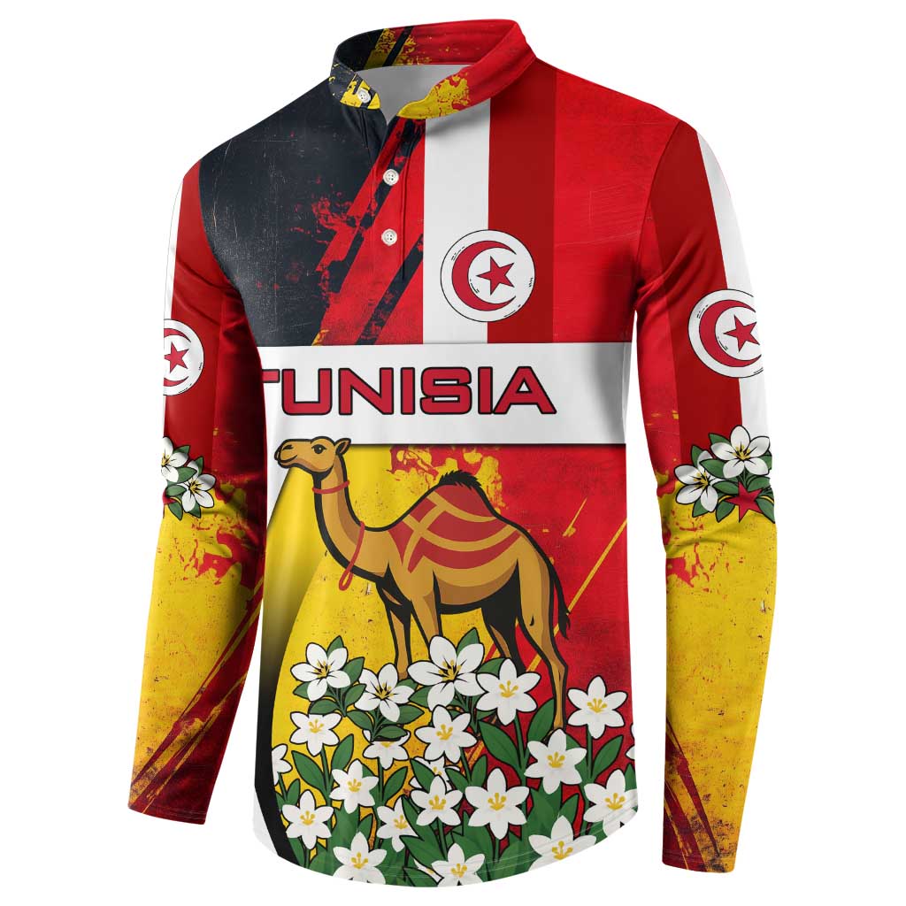 Tunisia Button Sweatshirt with Camel, Jasmine Flowers, and National Flag Design