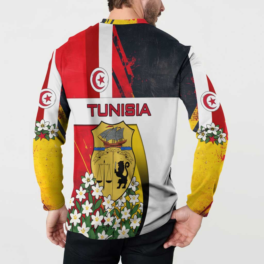 Tunisia Button Sweatshirt with Camel, Jasmine Flowers, and National Flag Design