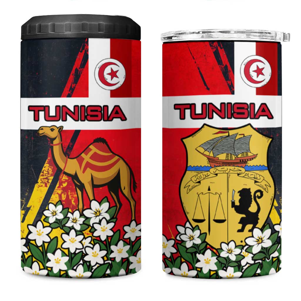 Tunisia 4 in 1 Can Cooler Tumbler with Camel, Jasmine Flowers, and National Flag Design