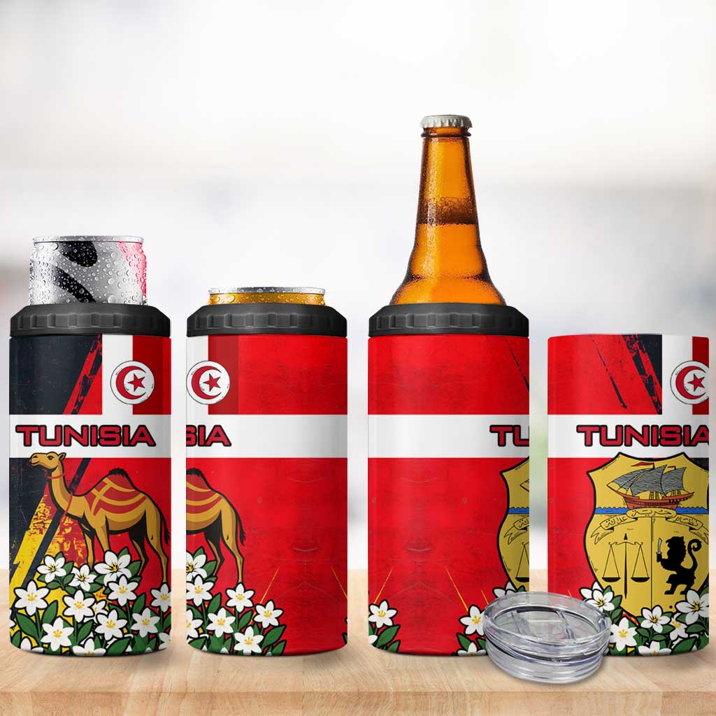 Tunisia 4 in 1 Can Cooler Tumbler with Camel, Jasmine Flowers, and National Flag Design