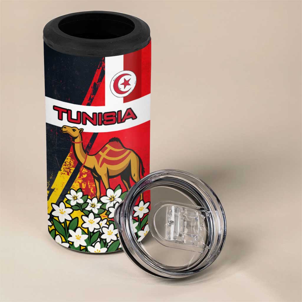 Tunisia 4 in 1 Can Cooler Tumbler with Camel, Jasmine Flowers, and National Flag Design