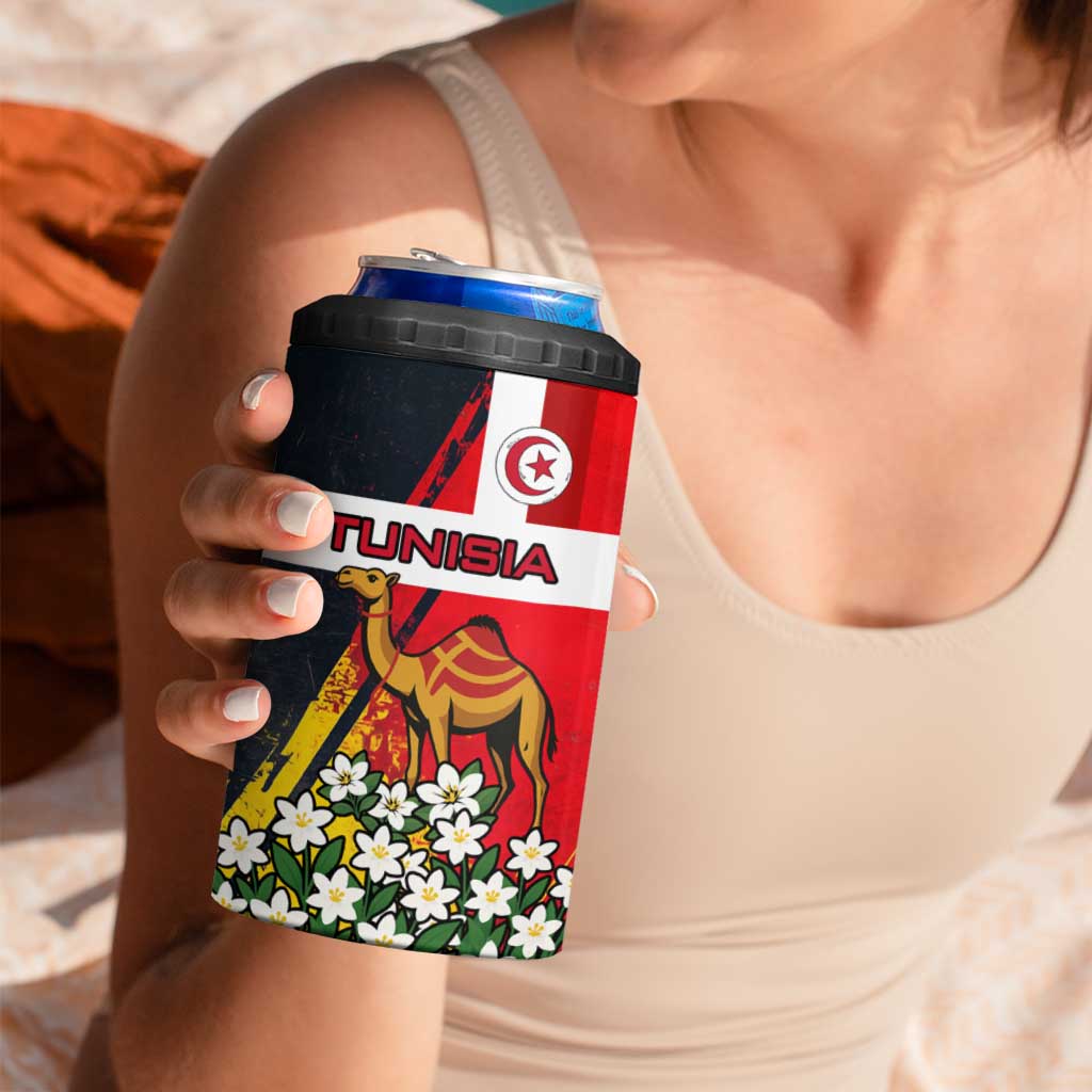 Tunisia 4 in 1 Can Cooler Tumbler with Camel, Jasmine Flowers, and National Flag Design