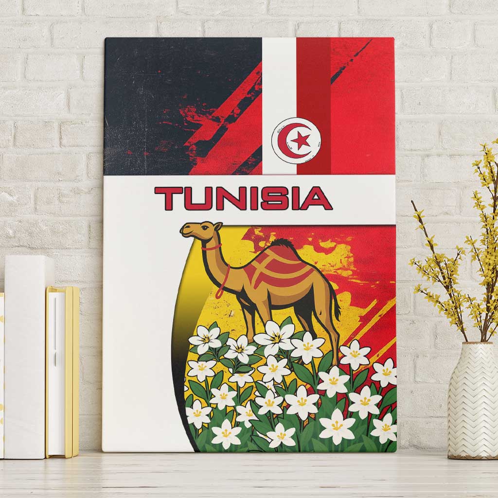 Tunisia Canvas Wall Art with Camel, Jasmine Flowers, and National Flag Design