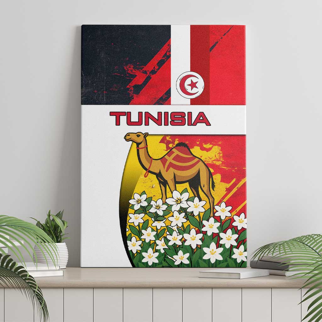 Tunisia Canvas Wall Art with Camel, Jasmine Flowers, and National Flag Design