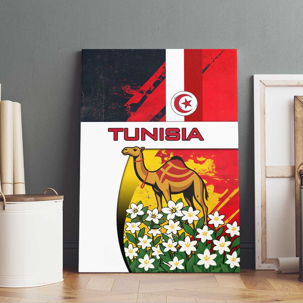 Tunisia Canvas Wall Art with Camel, Jasmine Flowers, and National Flag Design