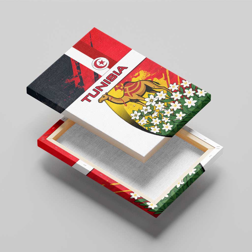 Tunisia Canvas Wall Art with Camel, Jasmine Flowers, and National Flag Design