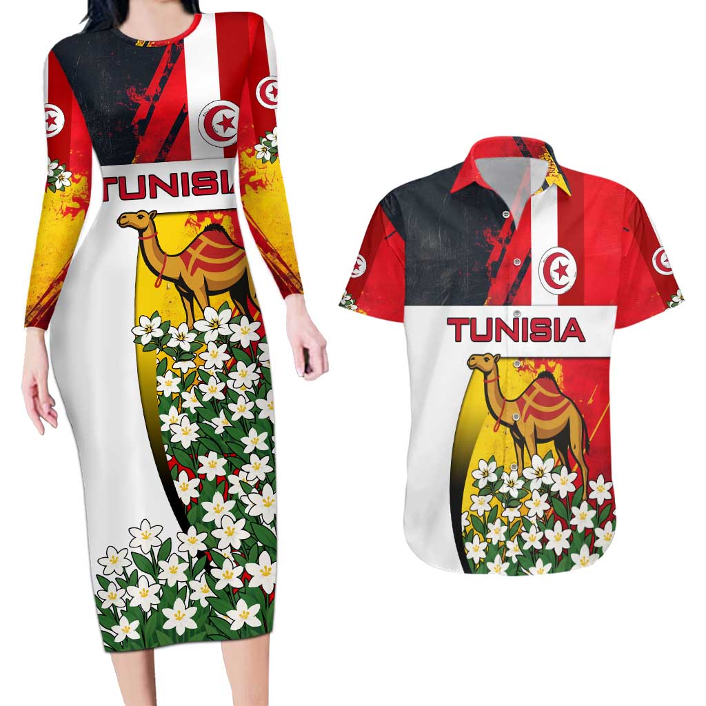 Tunisia Couples Matching Long Sleeve Bodycon Dress and Hawaiian Shirt with Camel, Jasmine Flowers, and National Flag Design