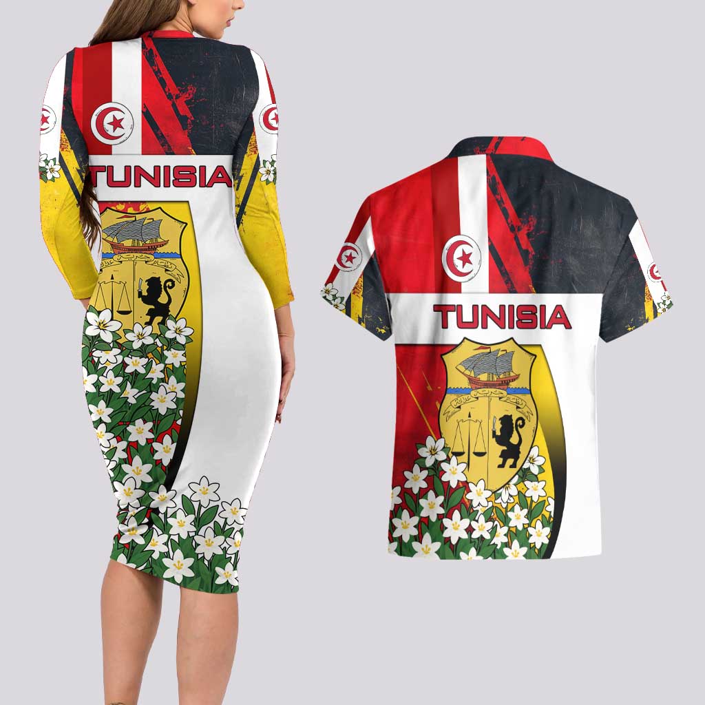 Tunisia Couples Matching Long Sleeve Bodycon Dress and Hawaiian Shirt with Camel, Jasmine Flowers, and National Flag Design