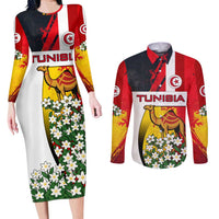 Tunisia Couples Matching Long Sleeve Bodycon Dress and Long Sleeve Button Shirt with Camel, Jasmine Flowers, and National Flag Design