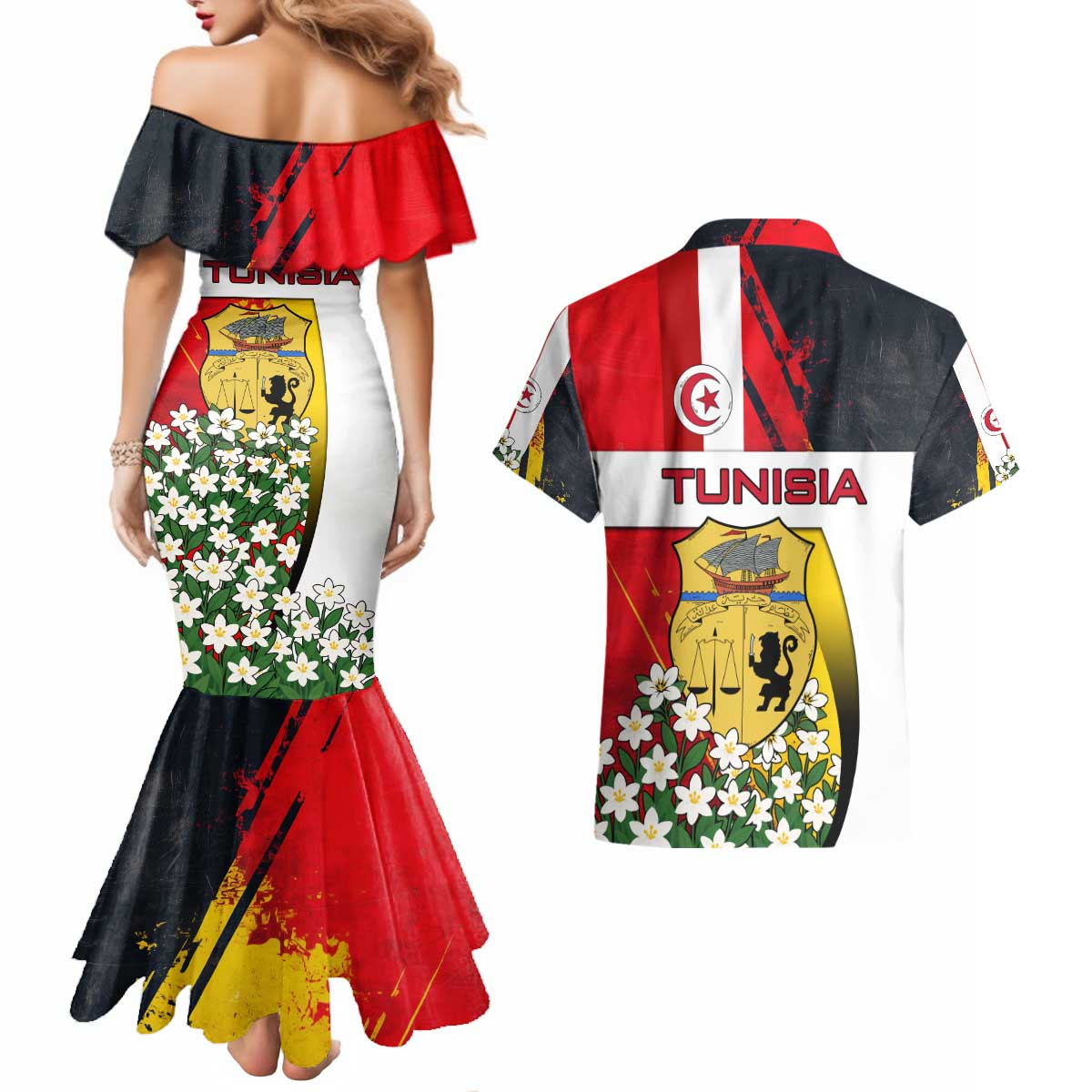 Tunisia Couples Matching Mermaid Dress and Hawaiian Shirt with Camel, Jasmine Flowers, and National Flag Design