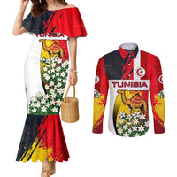 Tunisia Couples Matching Mermaid Dress and Long Sleeve Button Shirt with Camel, Jasmine Flowers, and National Flag Design