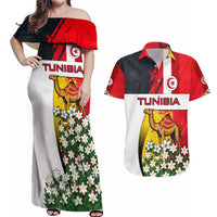 Tunisia Couples Matching Off Shoulder Maxi Dress and Hawaiian Shirt with Camel, Jasmine Flowers, and National Flag Design