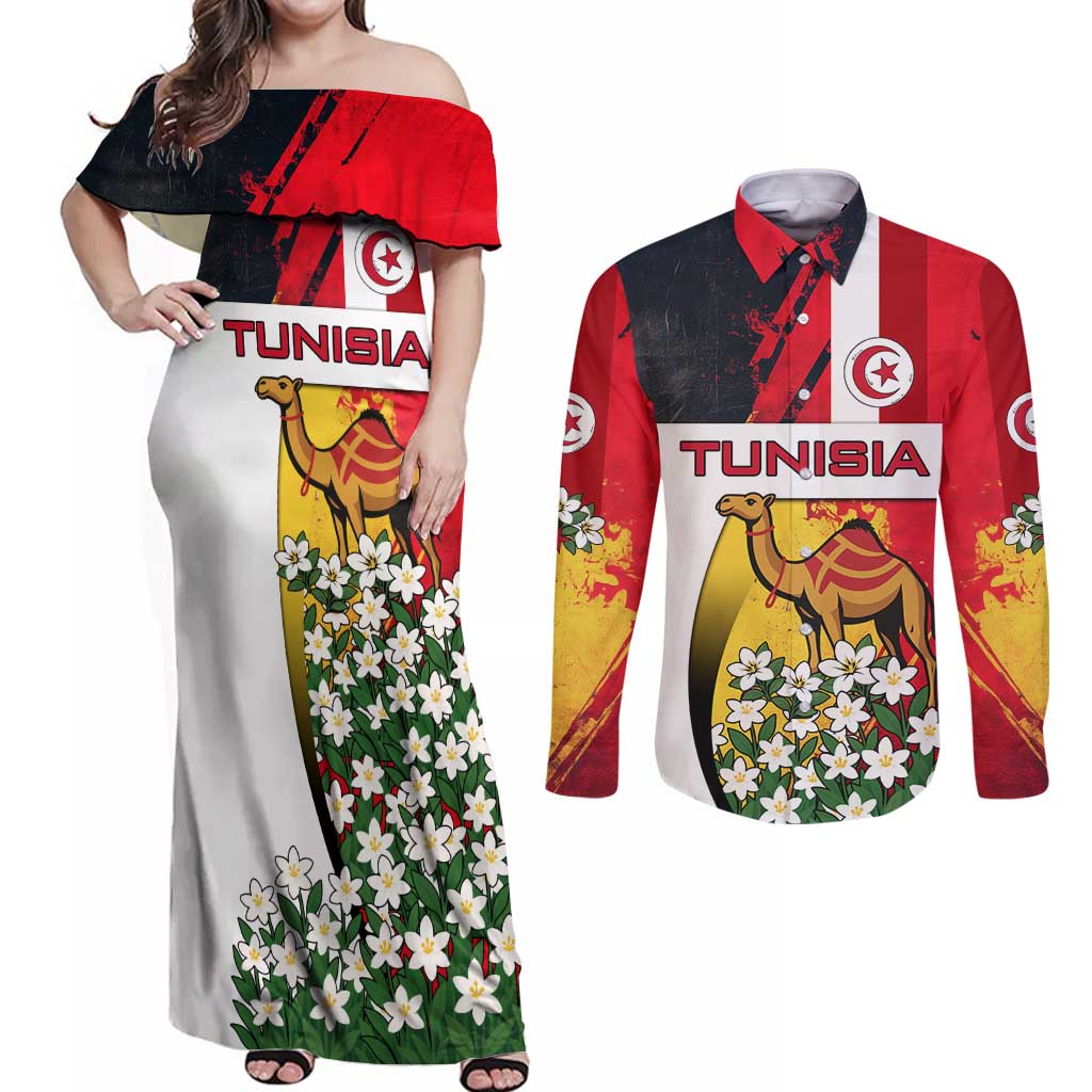 Tunisia Couples Matching Off Shoulder Maxi Dress and Long Sleeve Button Shirt with Camel, Jasmine Flowers, and National Flag Design