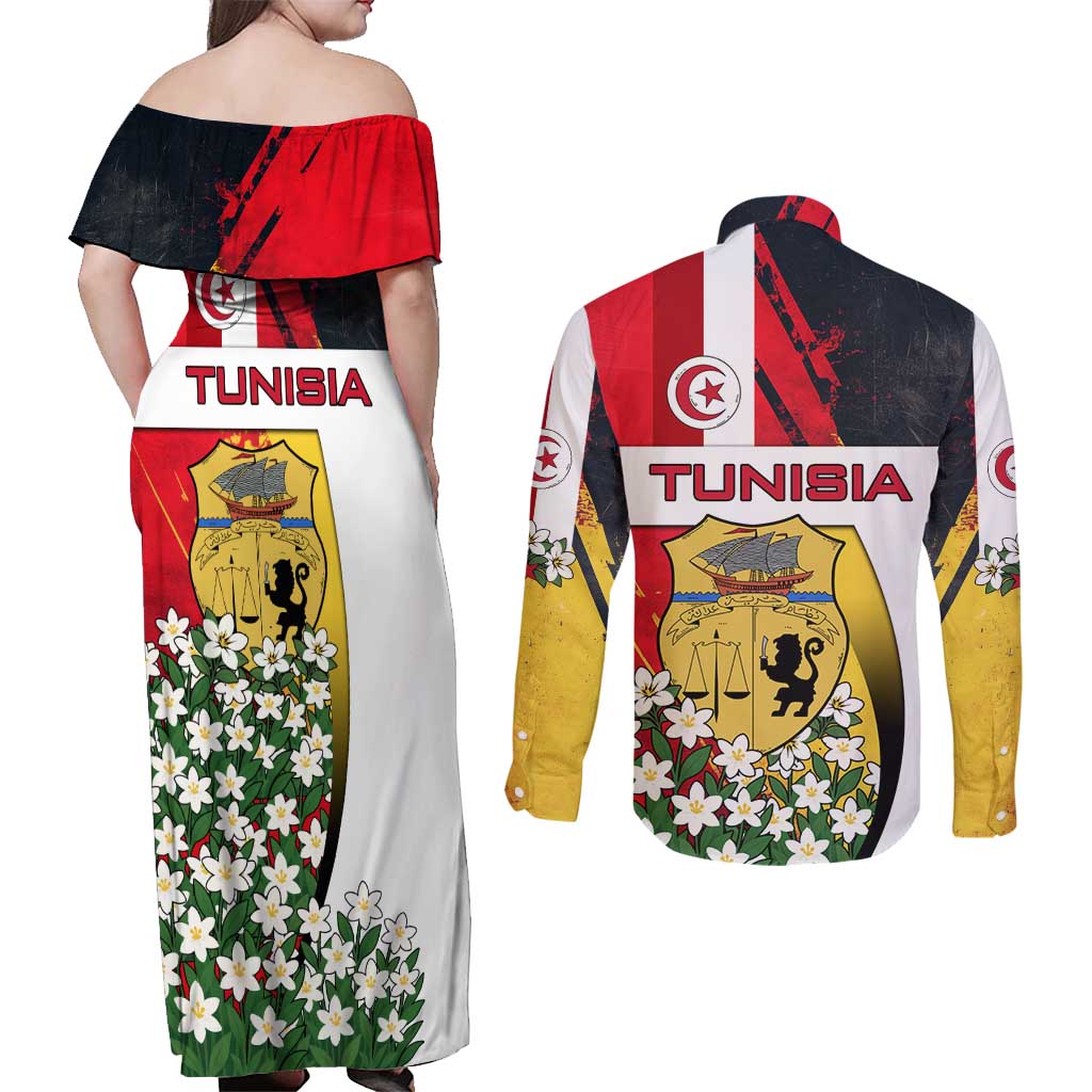 Tunisia Couples Matching Off Shoulder Maxi Dress and Long Sleeve Button Shirt with Camel, Jasmine Flowers, and National Flag Design