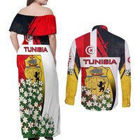 Tunisia Couples Matching Off Shoulder Maxi Dress and Long Sleeve Button Shirt with Camel, Jasmine Flowers, and National Flag Design