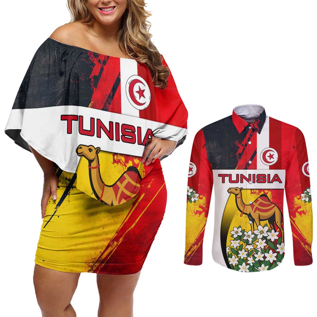 Tunisia Couples Matching Off Shoulder Short Dress and Long Sleeve Button Shirt with Camel, Jasmine Flowers, and National Flag Design