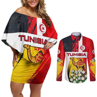 Tunisia Couples Matching Off Shoulder Short Dress and Long Sleeve Button Shirt with Camel, Jasmine Flowers, and National Flag Design