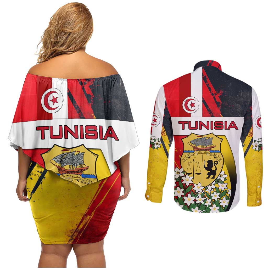 Tunisia Couples Matching Off Shoulder Short Dress and Long Sleeve Button Shirt with Camel, Jasmine Flowers, and National Flag Design