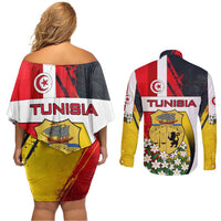 Tunisia Couples Matching Off Shoulder Short Dress and Long Sleeve Button Shirt with Camel, Jasmine Flowers, and National Flag Design
