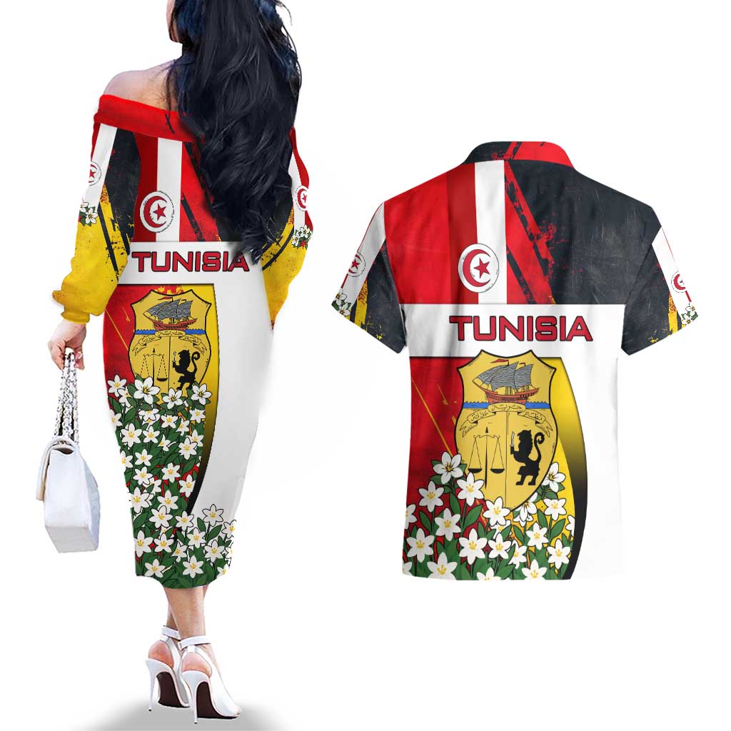 Tunisia Couples Matching Off The Shoulder Long Sleeve Dress and Hawaiian Shirt with Camel, Jasmine Flowers, and National Flag Design