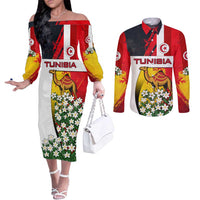 Tunisia Couples Matching Off The Shoulder Long Sleeve Dress and Long Sleeve Button Shirt with Camel, Jasmine Flowers, and National Flag Design