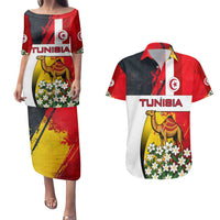 Tunisia Couples Matching Puletasi and Hawaiian Shirt with Camel, Jasmine Flowers, and National Flag Design