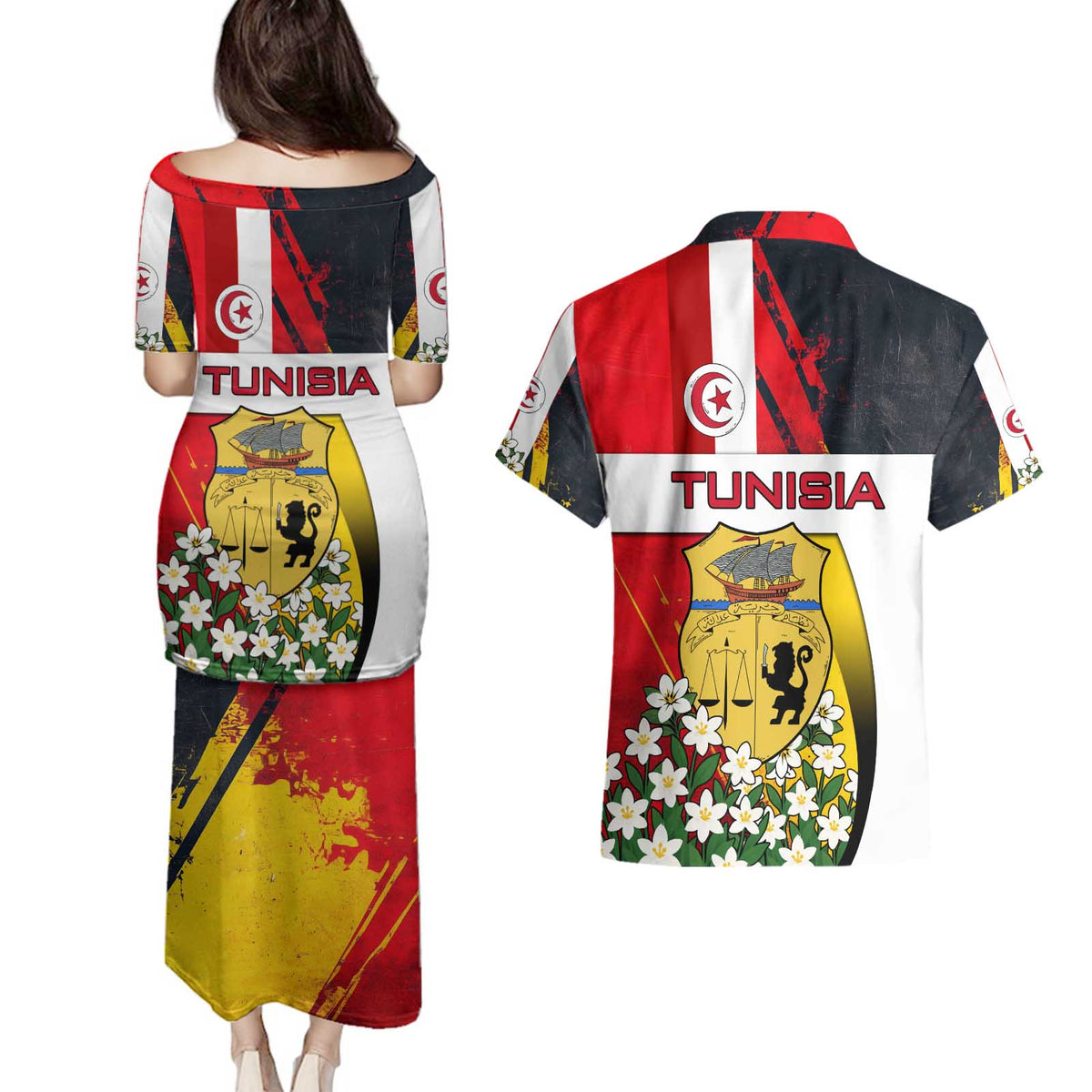Tunisia Couples Matching Puletasi and Hawaiian Shirt with Camel, Jasmine Flowers, and National Flag Design