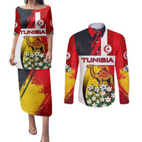 Tunisia Couples Matching Puletasi and Long Sleeve Button Shirt with Camel, Jasmine Flowers, and National Flag Design