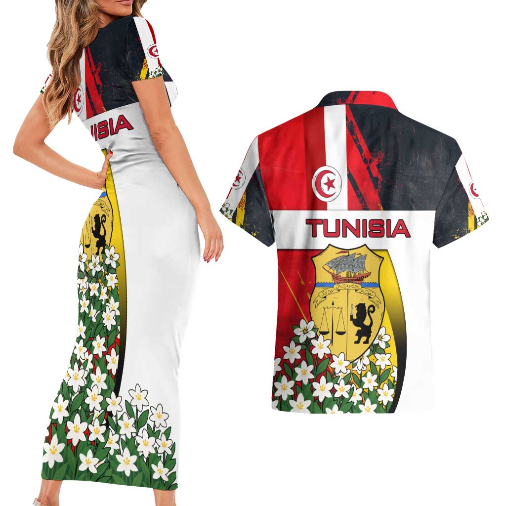 Tunisia Couples Matching Short Sleeve Bodycon Dress and Hawaiian Shirt with Camel, Jasmine Flowers, and National Flag Design