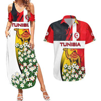 Tunisia Couples Matching Summer Maxi Dress and Hawaiian Shirt with Camel, Jasmine Flowers, and National Flag Design