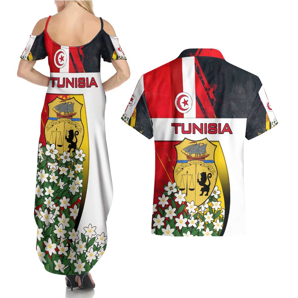 Tunisia Couples Matching Summer Maxi Dress and Hawaiian Shirt with Camel, Jasmine Flowers, and National Flag Design