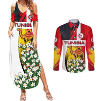 Tunisia Couples Matching Summer Maxi Dress and Long Sleeve Button Shirt with Camel, Jasmine Flowers, and National Flag Design
