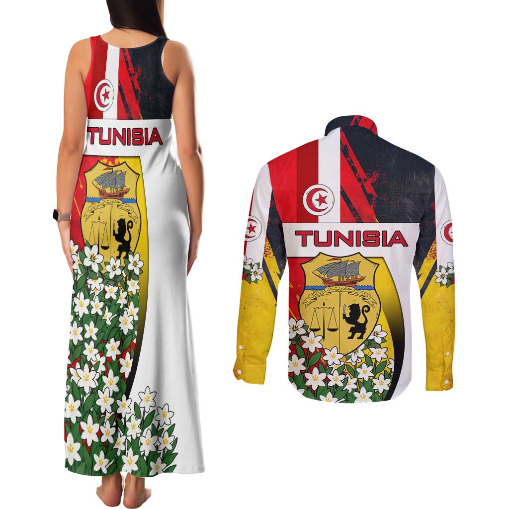 Tunisia Couples Matching Tank Maxi Dress and Long Sleeve Button Shirt with Camel, Jasmine Flowers, and National Flag Design
