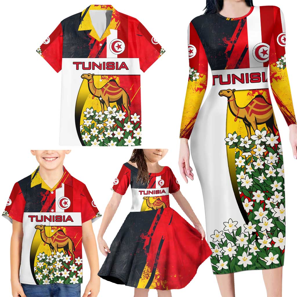 Tunisia Family Matching Long Sleeve Bodycon Dress and Hawaiian Shirt with Camel, Jasmine Flowers, and National Flag Design
