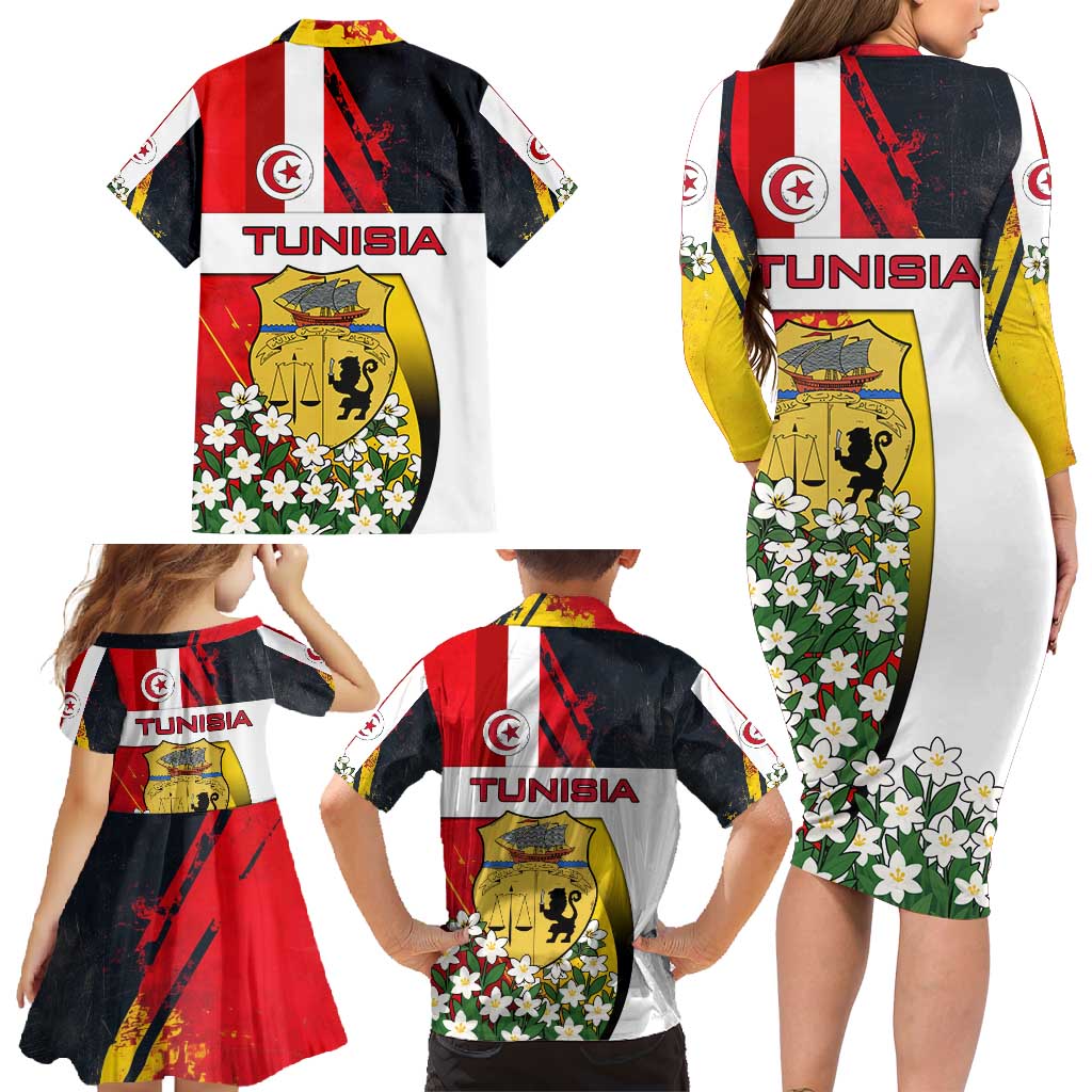 Tunisia Family Matching Long Sleeve Bodycon Dress and Hawaiian Shirt with Camel, Jasmine Flowers, and National Flag Design