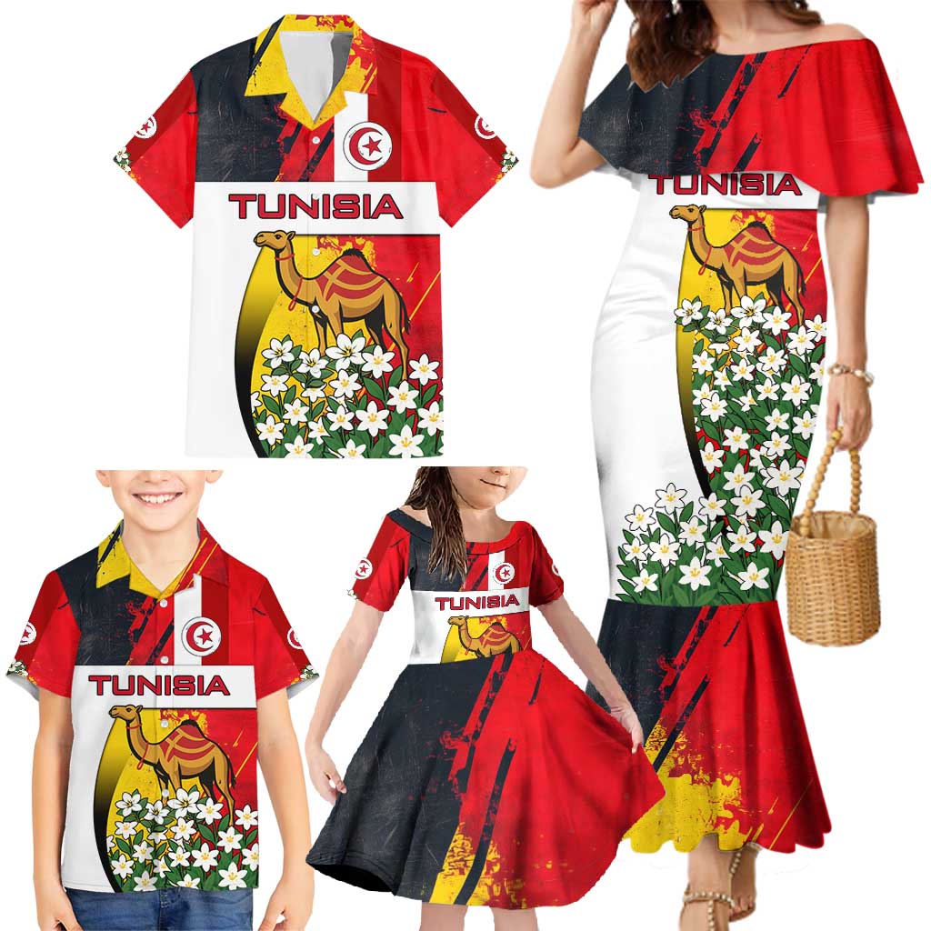 Tunisia Family Matching Mermaid Dress and Hawaiian Shirt with Camel, Jasmine Flowers, and National Flag Design