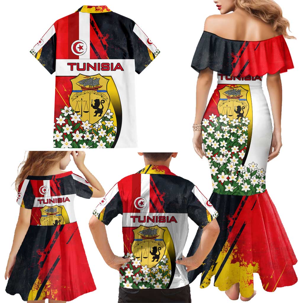 Tunisia Family Matching Mermaid Dress and Hawaiian Shirt with Camel, Jasmine Flowers, and National Flag Design
