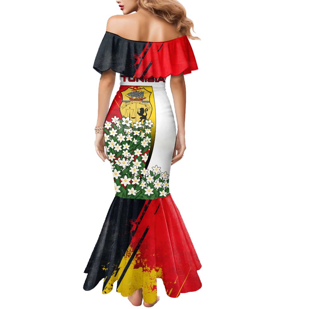 Tunisia Family Matching Mermaid Dress and Hawaiian Shirt with Camel, Jasmine Flowers, and National Flag Design