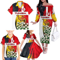 Tunisia Family Matching Off The Shoulder Long Sleeve Dress and Hawaiian Shirt with Camel, Jasmine Flowers, and National Flag Design