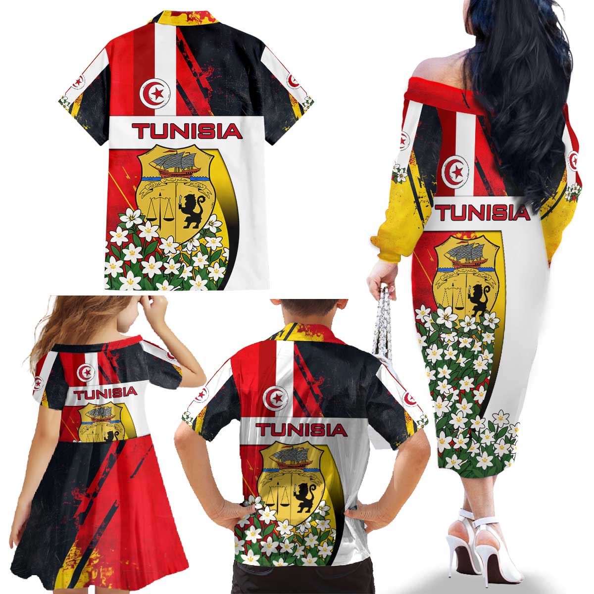Tunisia Family Matching Off The Shoulder Long Sleeve Dress and Hawaiian Shirt with Camel, Jasmine Flowers, and National Flag Design