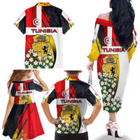 Tunisia Family Matching Off The Shoulder Long Sleeve Dress and Hawaiian Shirt with Camel, Jasmine Flowers, and National Flag Design
