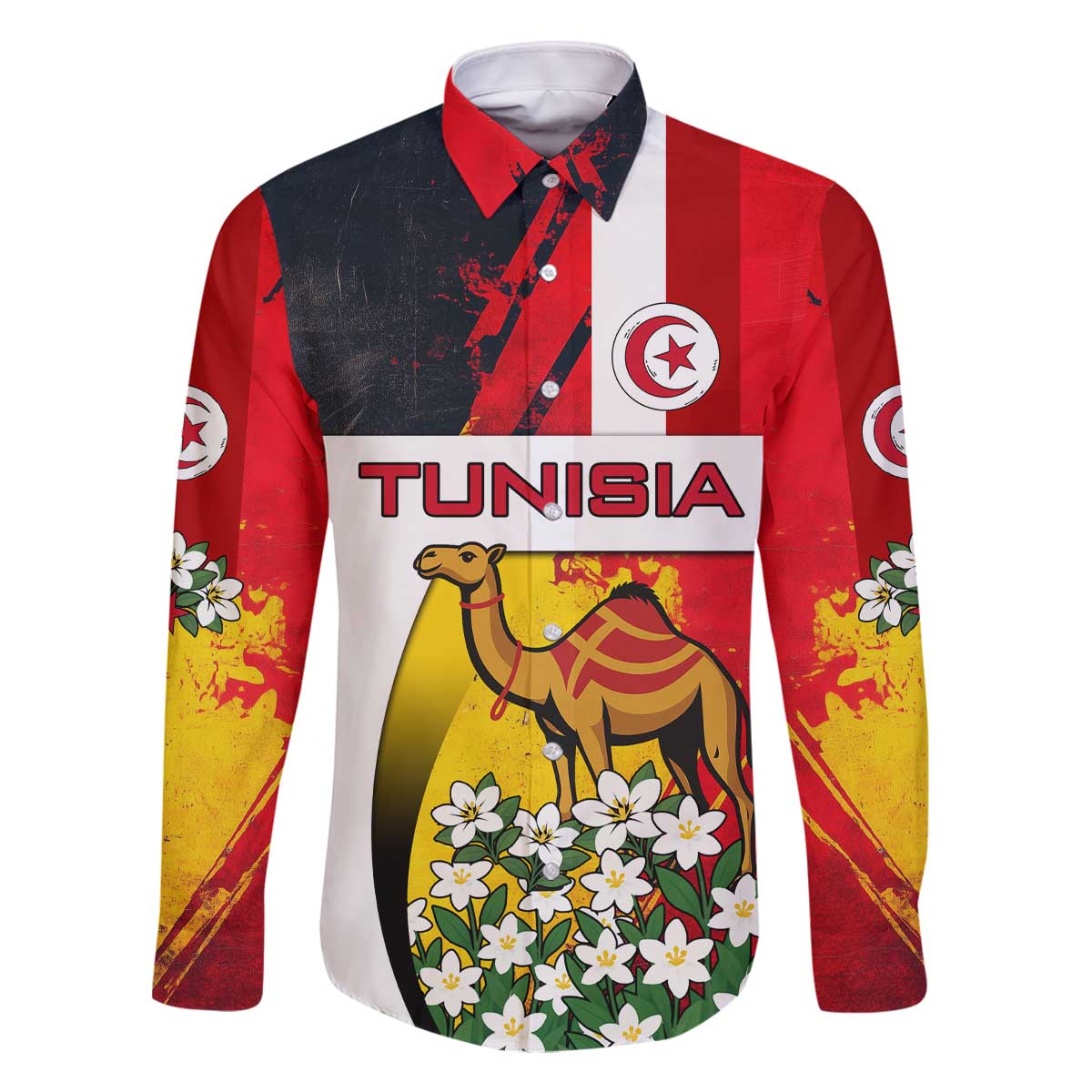 Tunisia Family Matching Off The Shoulder Long Sleeve Dress and Hawaiian Shirt with Camel, Jasmine Flowers, and National Flag Design