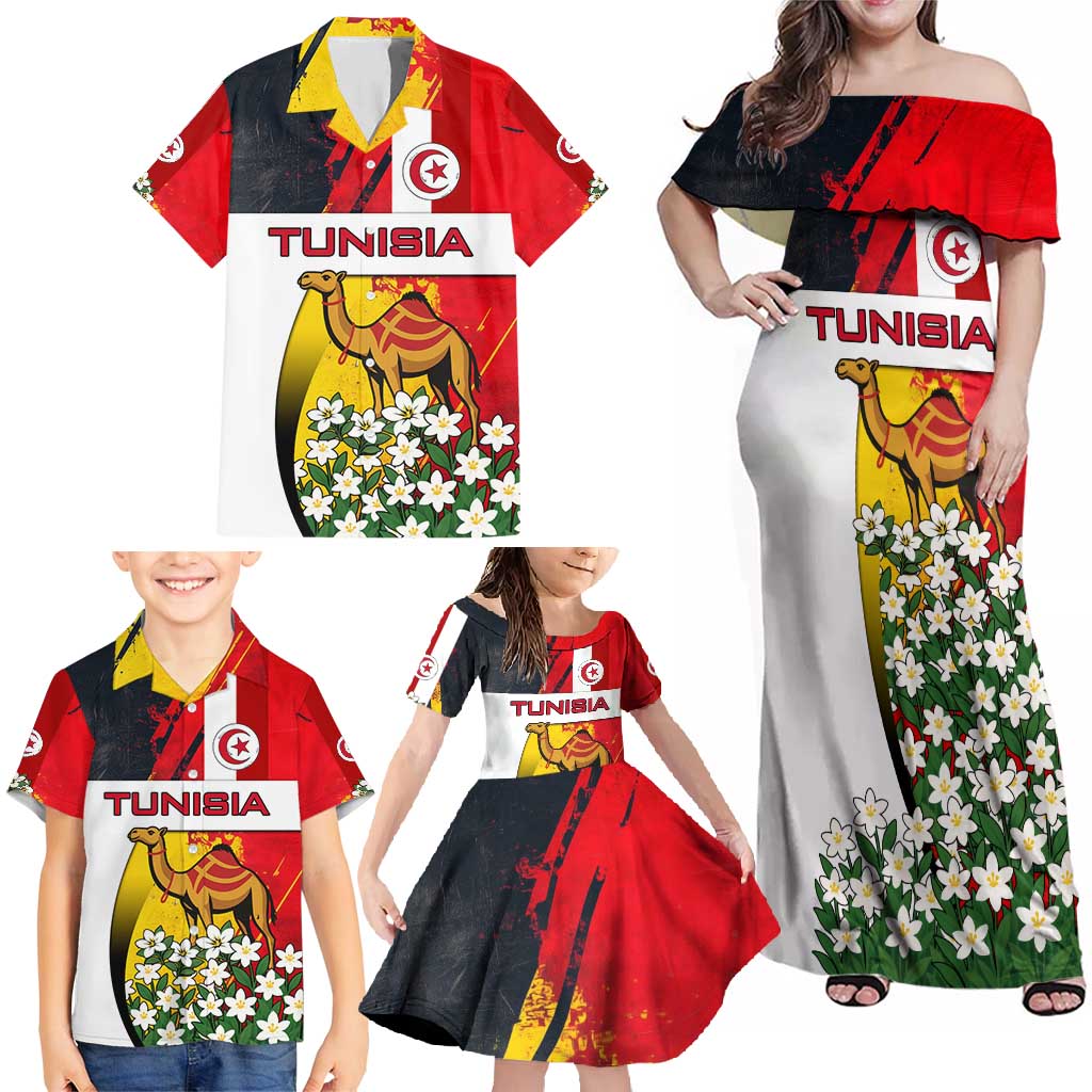 Tunisia Family Matching Off Shoulder Maxi Dress and Hawaiian Shirt with Camel, Jasmine Flowers, and National Flag Design
